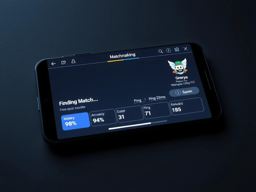 Matchmaking interface mockup showing real-time stats and progress.